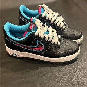 Men’s Air Force One Black and Teal Sneakers with Pink Accents